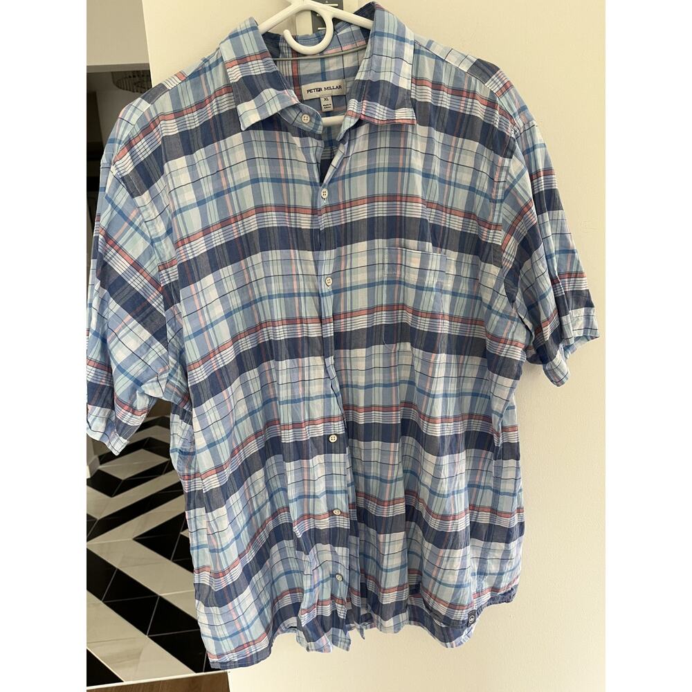 Peter Millar Men XL Shirt  Cotton Cocktails Checked Button Up Short Sleeve